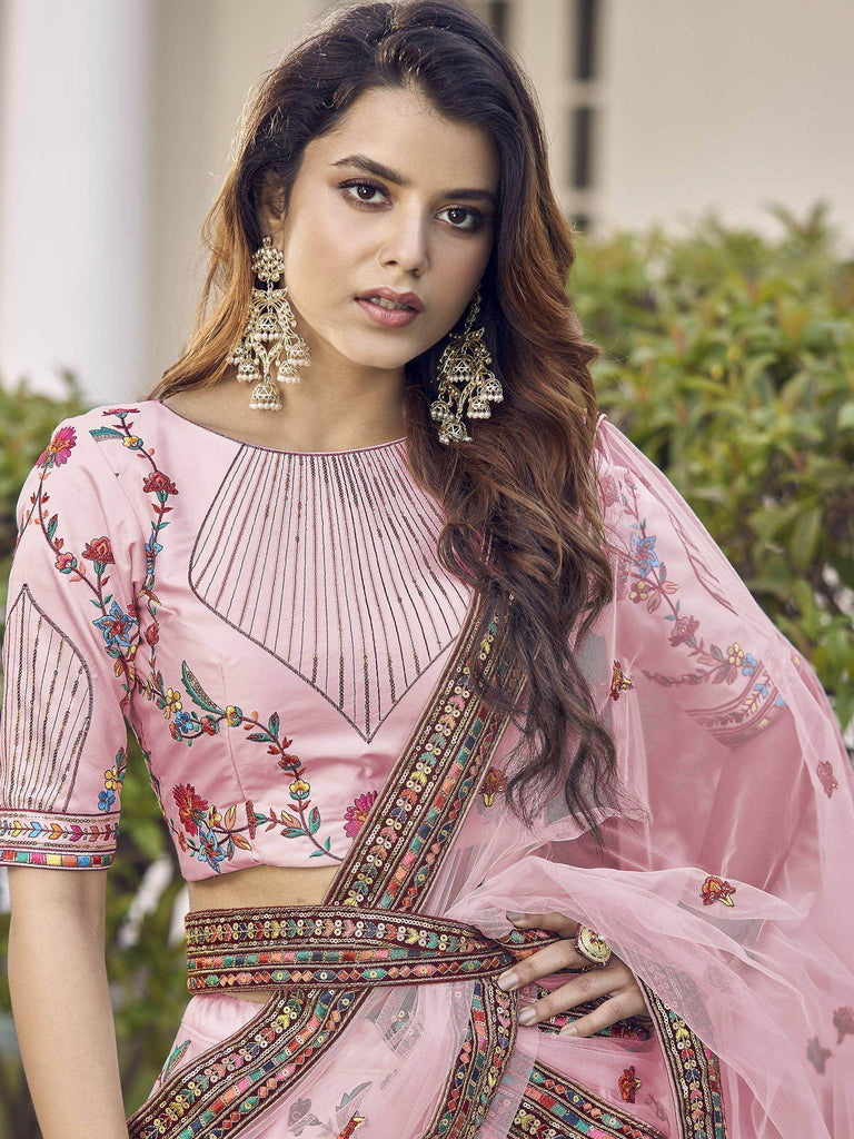 Magnetic Pink Sequins Embroidered Silk Wedding Wear Lehenga Choli