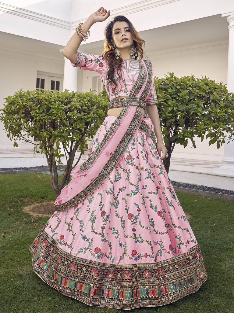 Magnetic Pink Sequins Embroidered Silk Wedding Wear Lehenga Choli