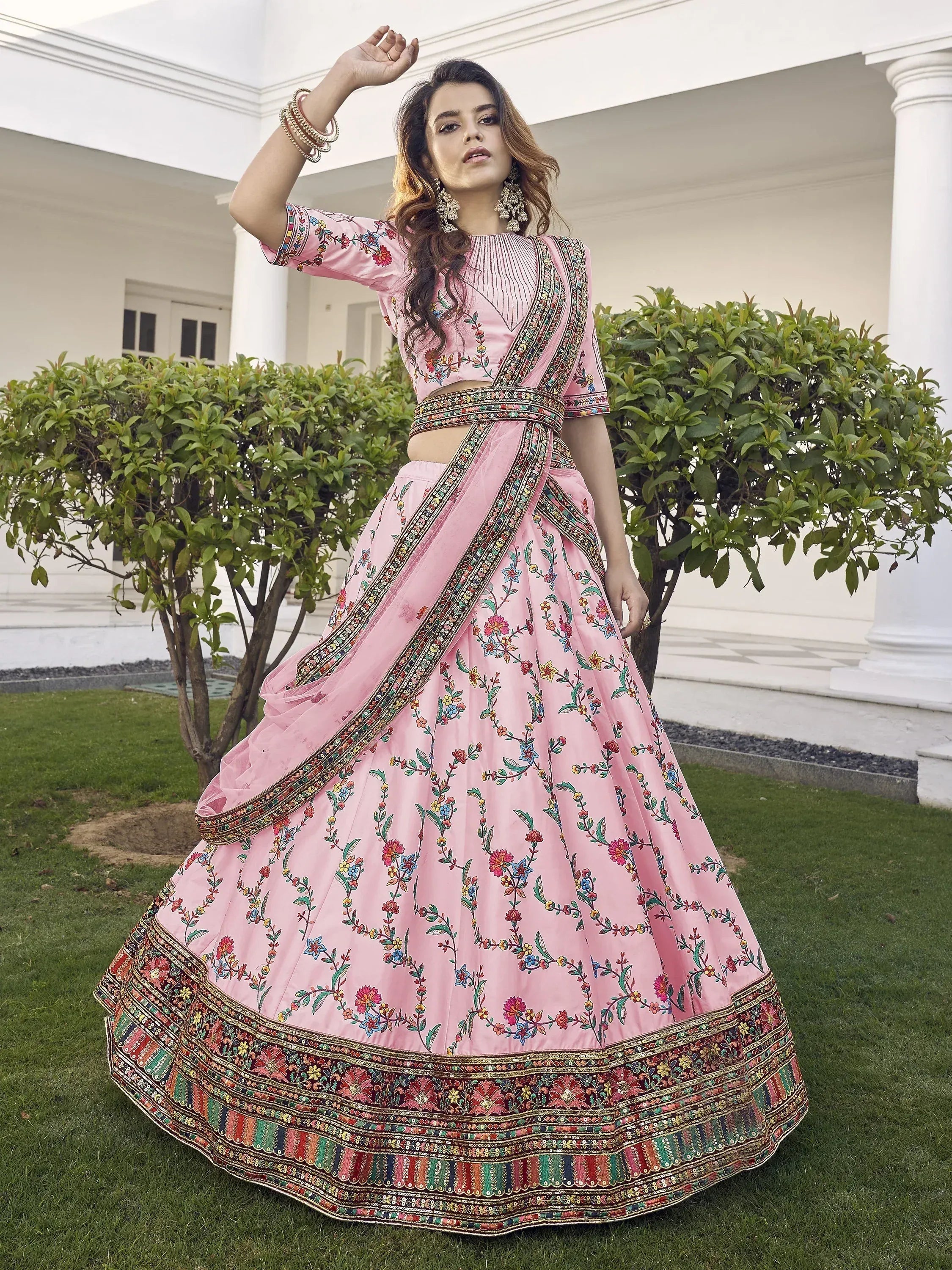 Magnetic Pink Sequins Embroidered Silk Wedding Wear Lehenga Choli