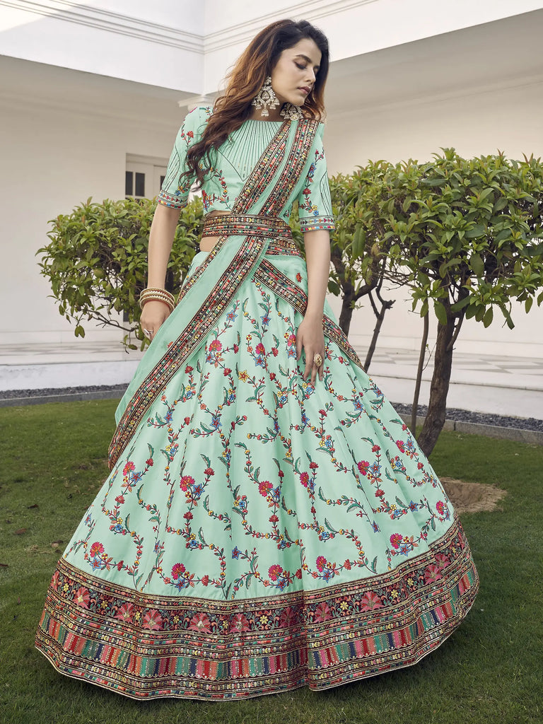Spectacular Pista Green Thread Embroidered Silk Wedding Wear Lehenga Choli