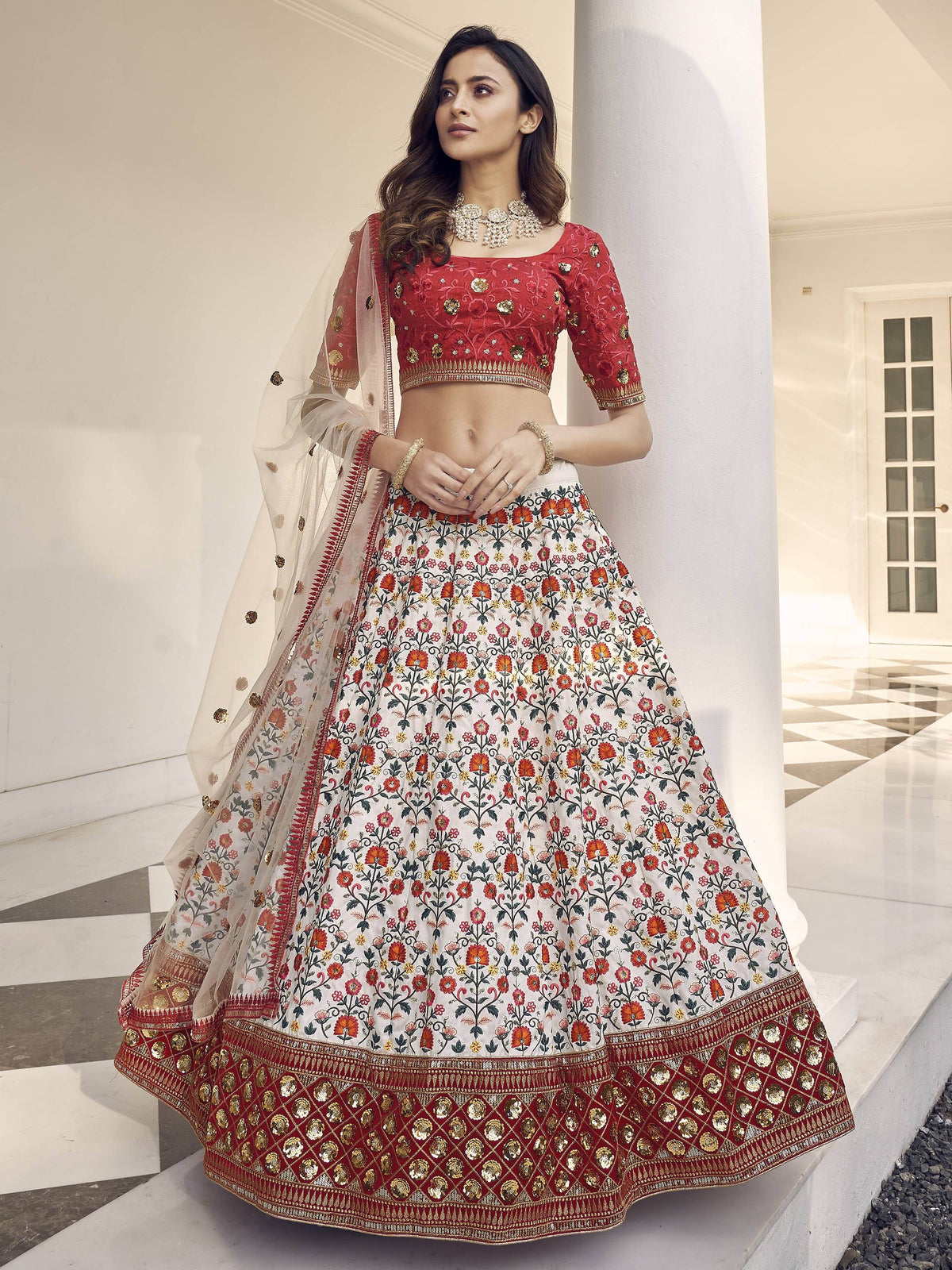 Charming White-Red Thread Embroidered Silk Wedding Wear Lehenga Choli