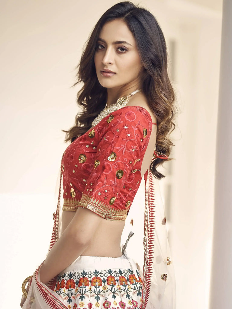 Charming White-Red Thread Embroidered Silk Wedding Wear Lehenga Choli