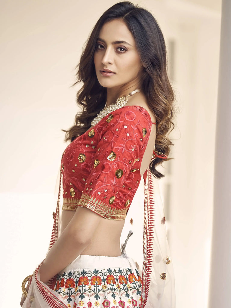 Charming White-Red Thread Embroidered Silk Wedding Wear Lehenga Choli