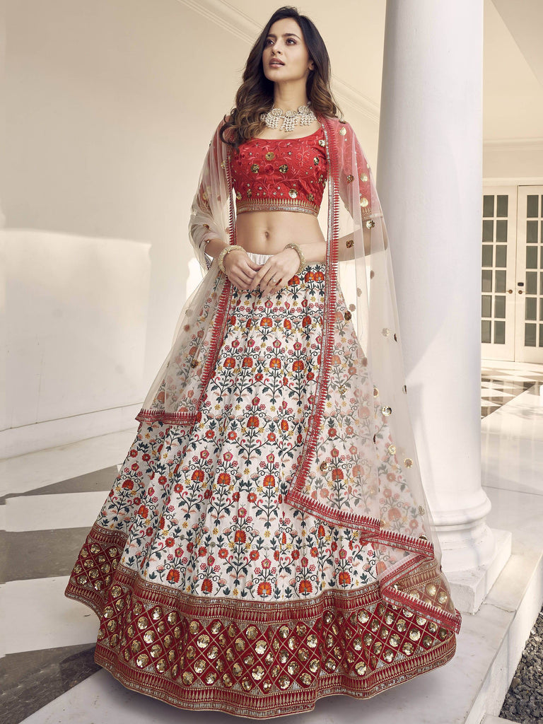 Charming White-Red Thread Embroidered Silk Wedding Wear Lehenga Choli