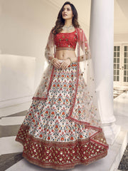 Charming White-Red Thread Embroidered Silk Wedding Wear Lehenga Choli