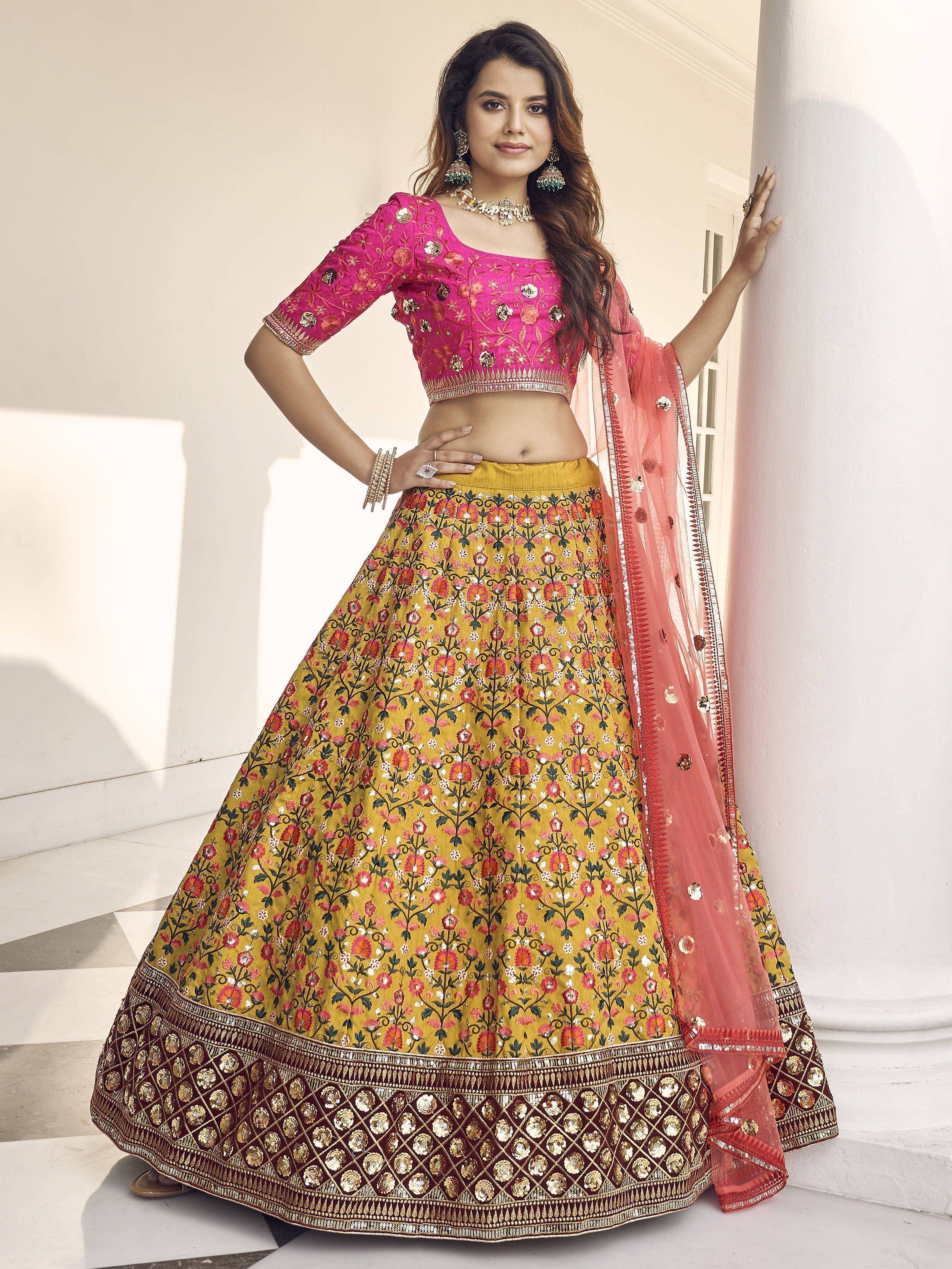 Pink and yellow floral embroidered lehenga choli with dupatta, Indian ethnic wear for women
