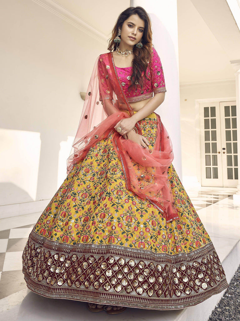 Incomparable Yellow Sequins Silk Wedding Wear Lehenga Choli