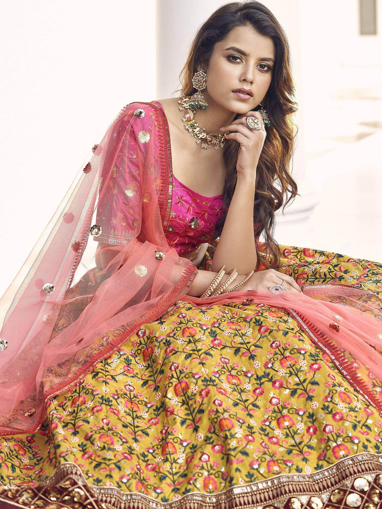 Incomparable Yellow Sequins Silk Wedding Wear Lehenga Choli