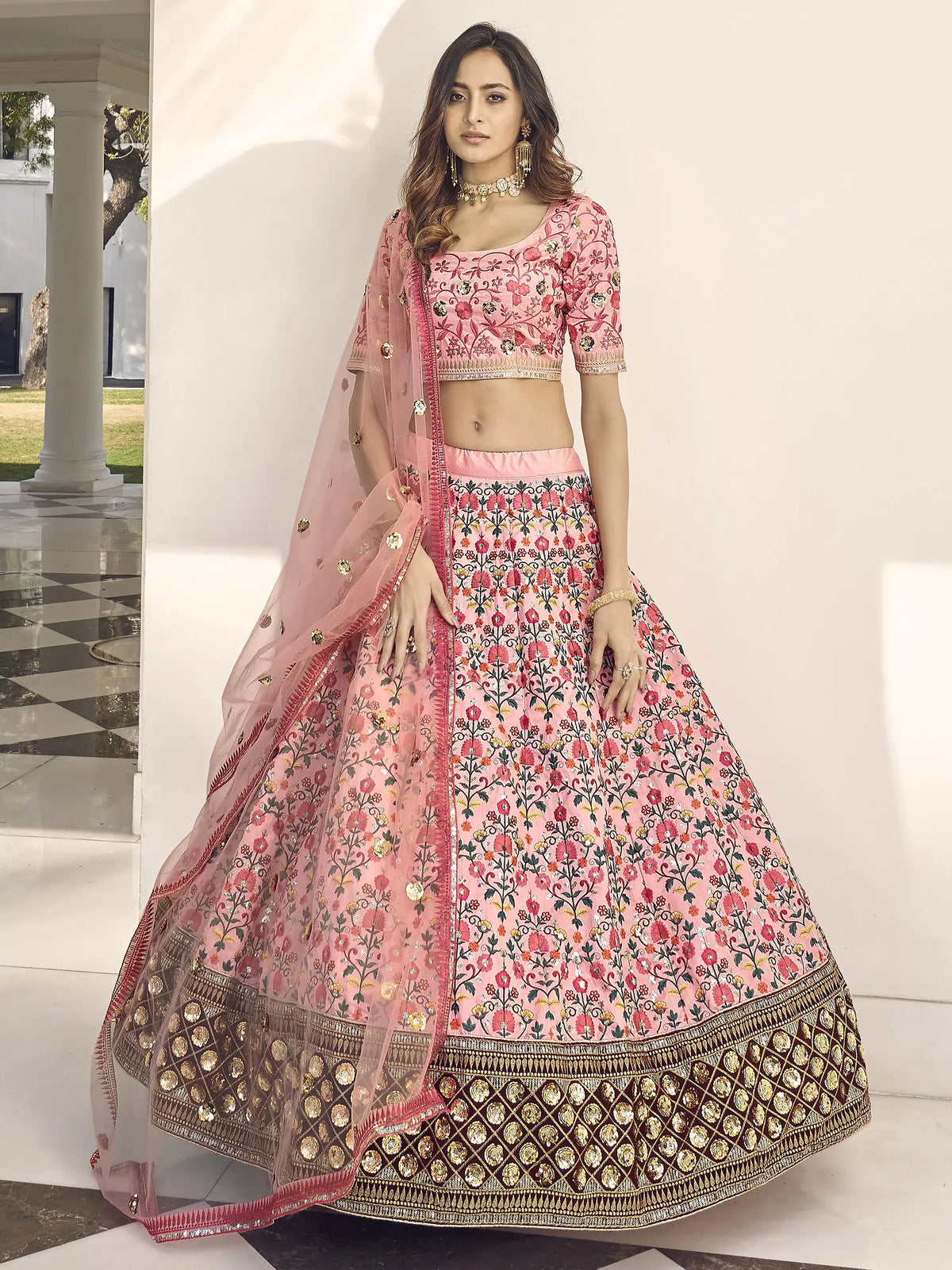 Enchanting Light Pink Sequins Embroidered Silk Wedding Wear Lehenga Choliv