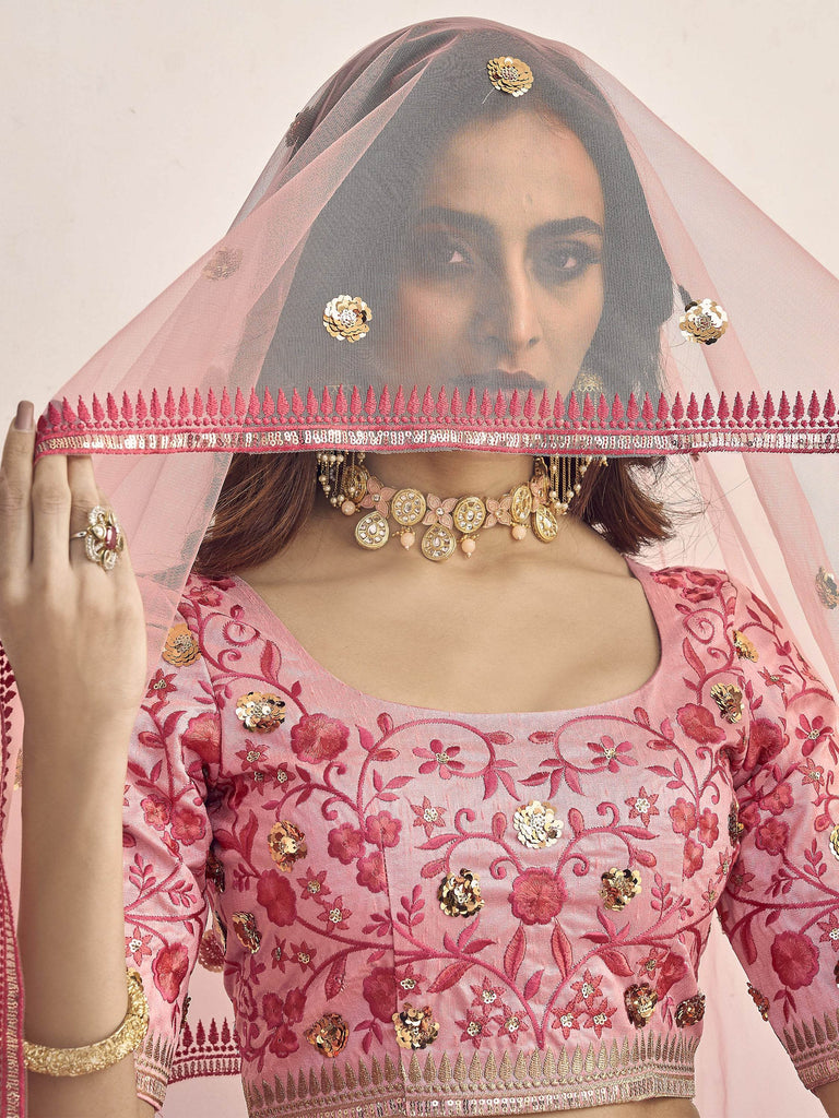 Enchanting Light Pink Sequins Embroidered Silk Wedding Wear Lehenga Choli