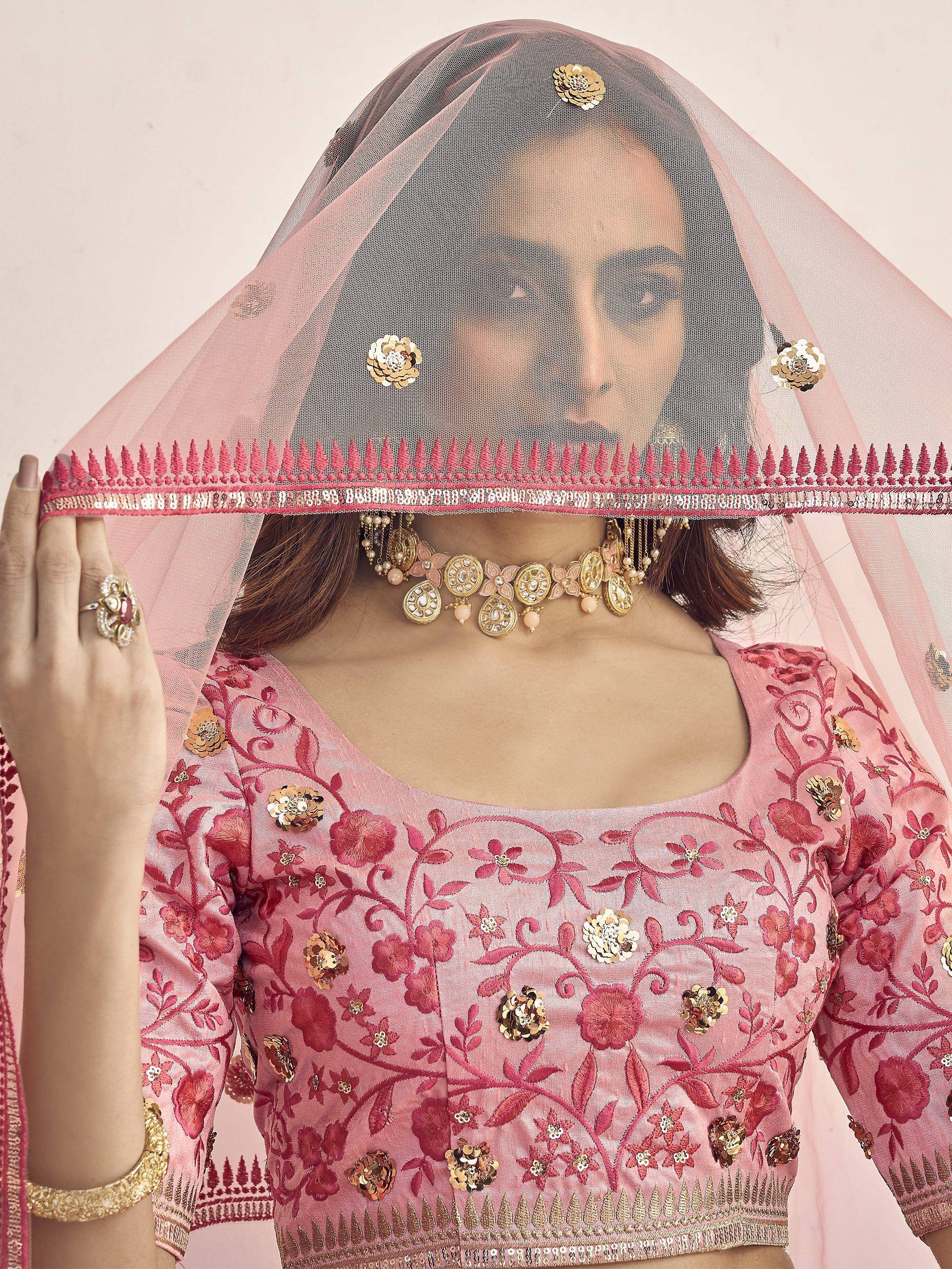 Enchanting Light Pink Sequins Embroidered Silk Wedding Wear Lehenga Choli
