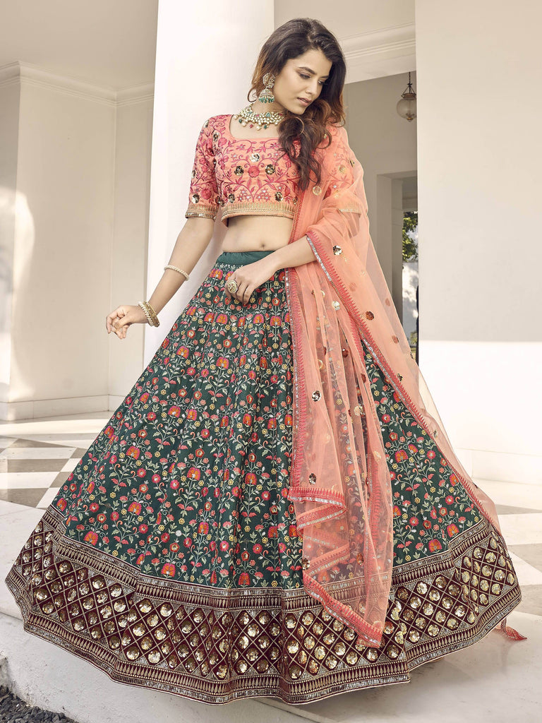 Captivating Green-Orange Sequins Embroidered Silk Wedding Wear Lehenga Choli