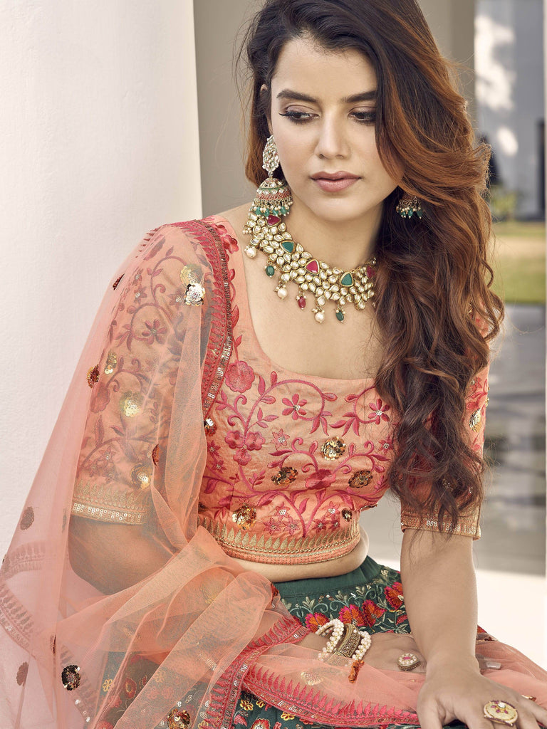 Captivating Green-Orange Sequins Embroidered Silk Wedding Wear Lehenga Choli