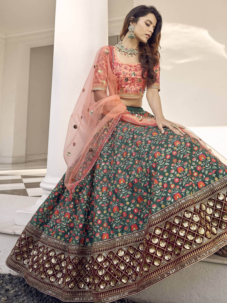 Captivating Green-Orange Sequins Embroidered Silk Wedding Wear Lehenga Choli