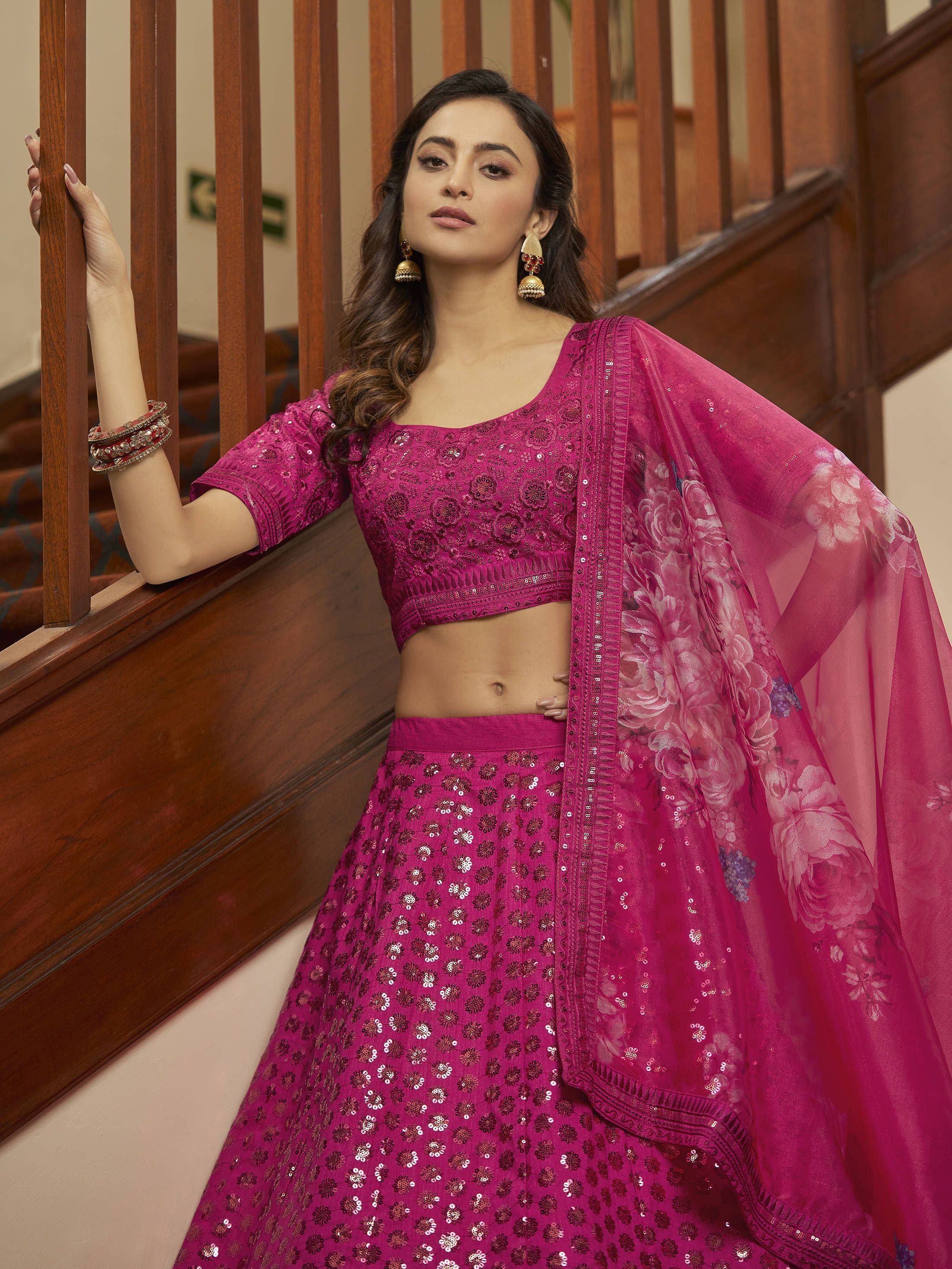 Fuchsia sequin lehenga choli with floral dupatta, perfect for Indian ethnic occasions