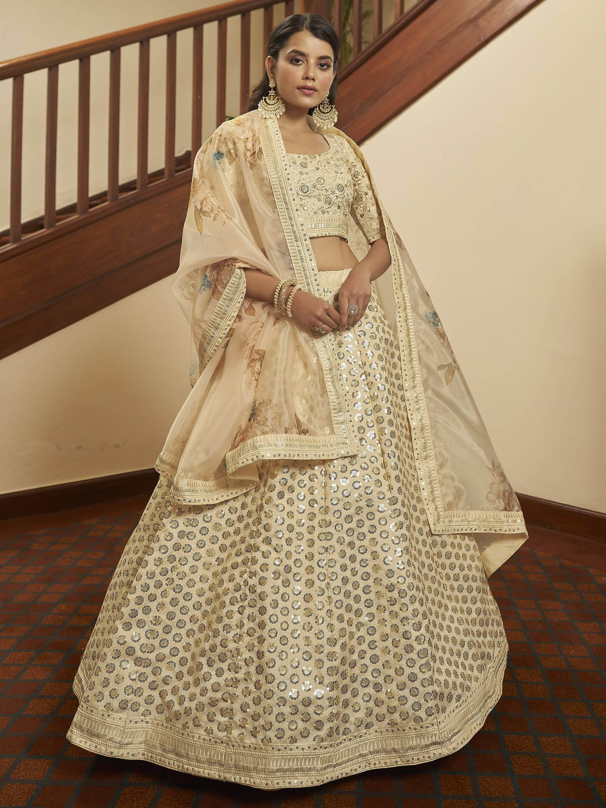 Superior Beige Sequence Work Art Silk Party Wear Lehenga Choli