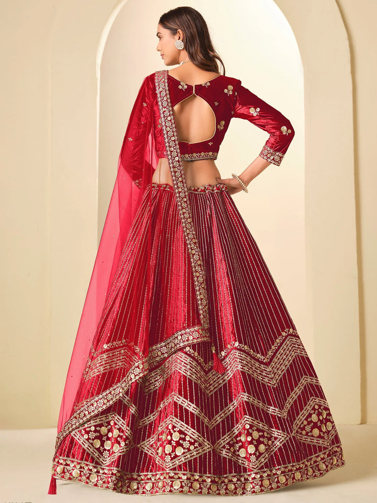 Lovable Red Sequins Velvet Bridal Lehenga Choli With Dupatta