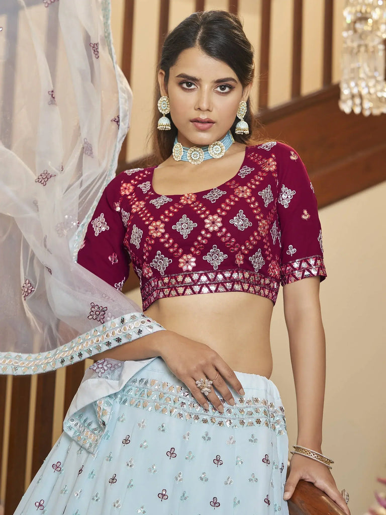 Wondrous Sky Blue Gota Patti Embroidered Georgette Party Wear Lehenga Choli