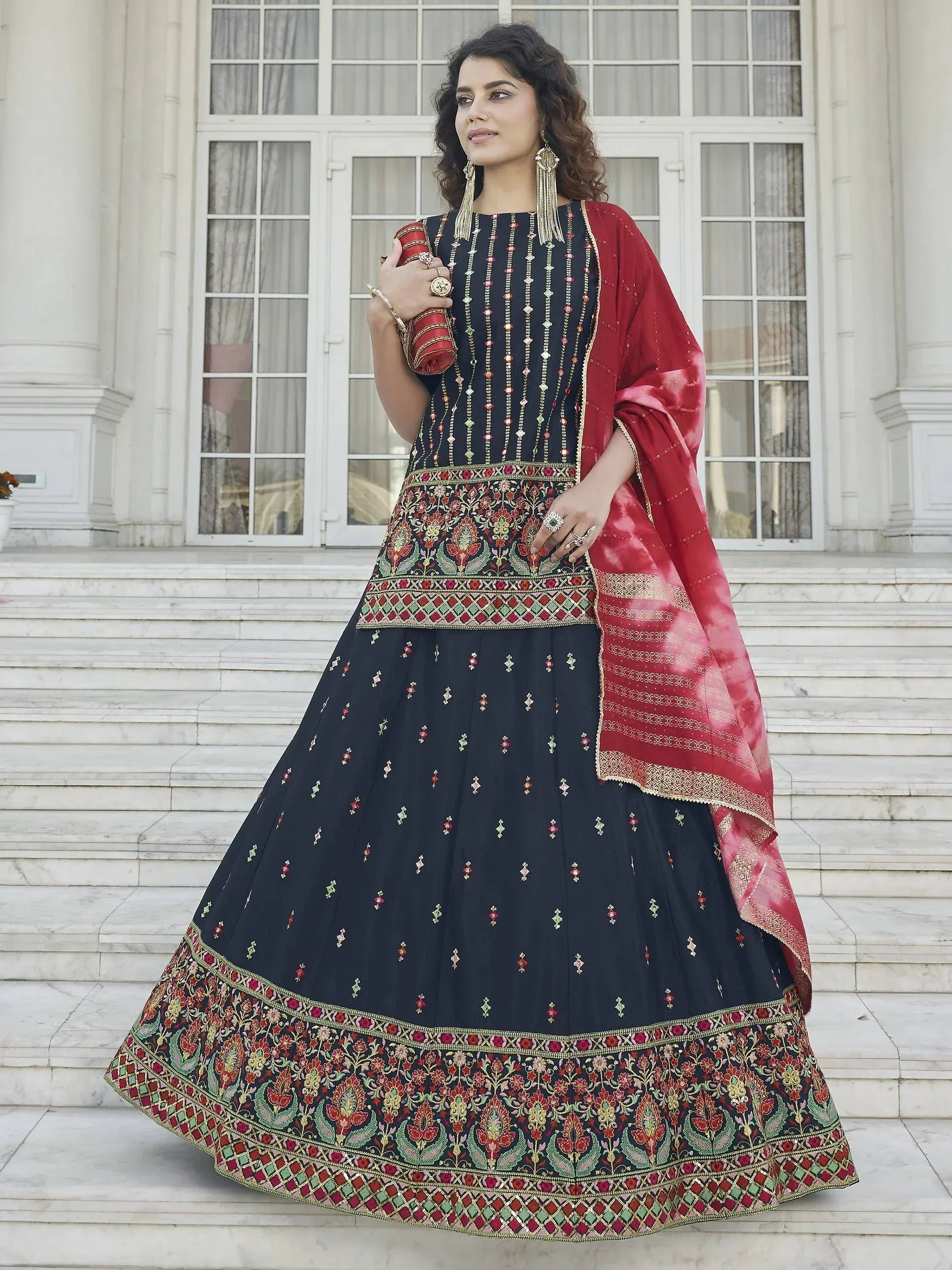 Black embroidered lehenga choli with red dupatta, Indian ethnic wear for weddings and festivals