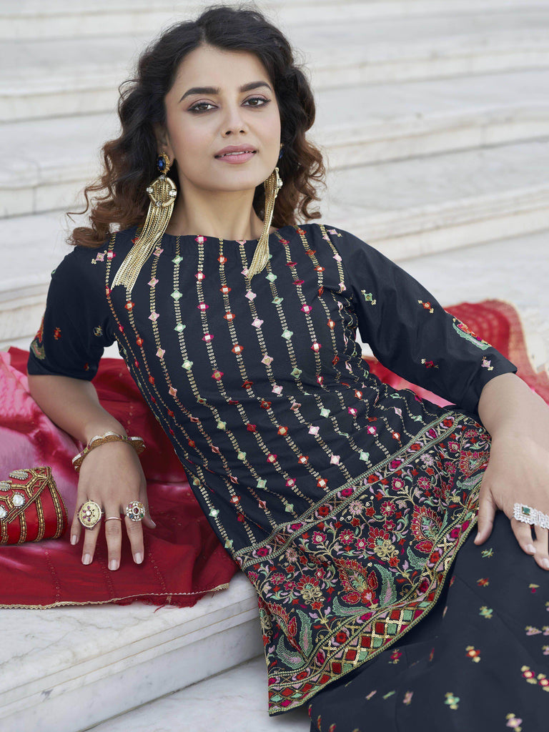 Glorious Navy Blue Chinon Floral Rajasthani Lehenga With Long Choli