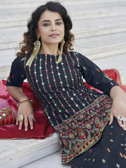 Glorious Navy Blue Chinon Floral Rajasthani Lehenga With Long Choli