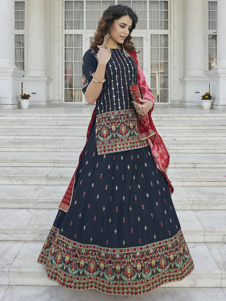 Glorious Navy Blue Chinon Floral Rajasthani Lehenga With Long Choli