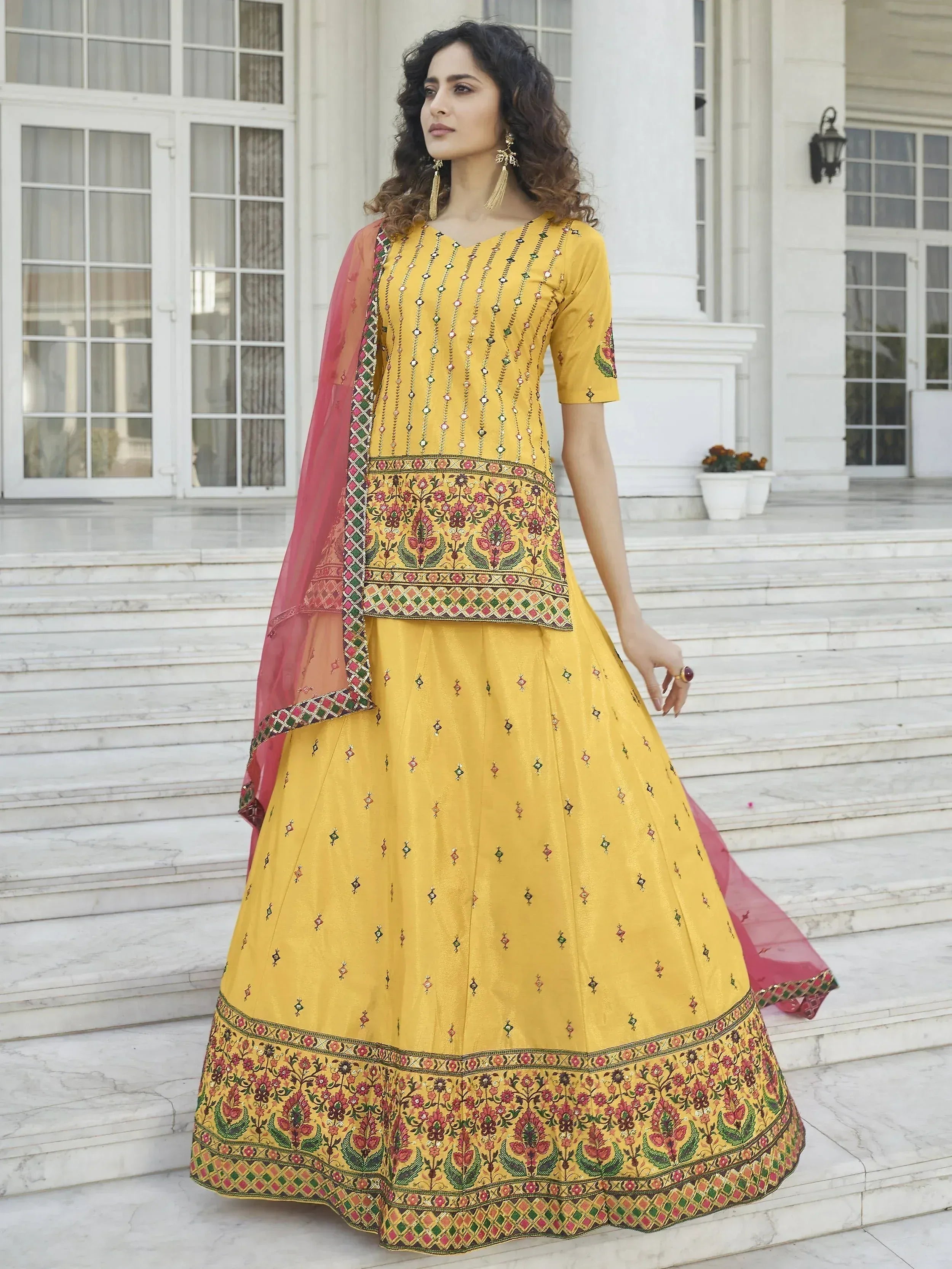 Yellow embroidered lehenga choli with pink dupatta, Indian ethnic wear for women