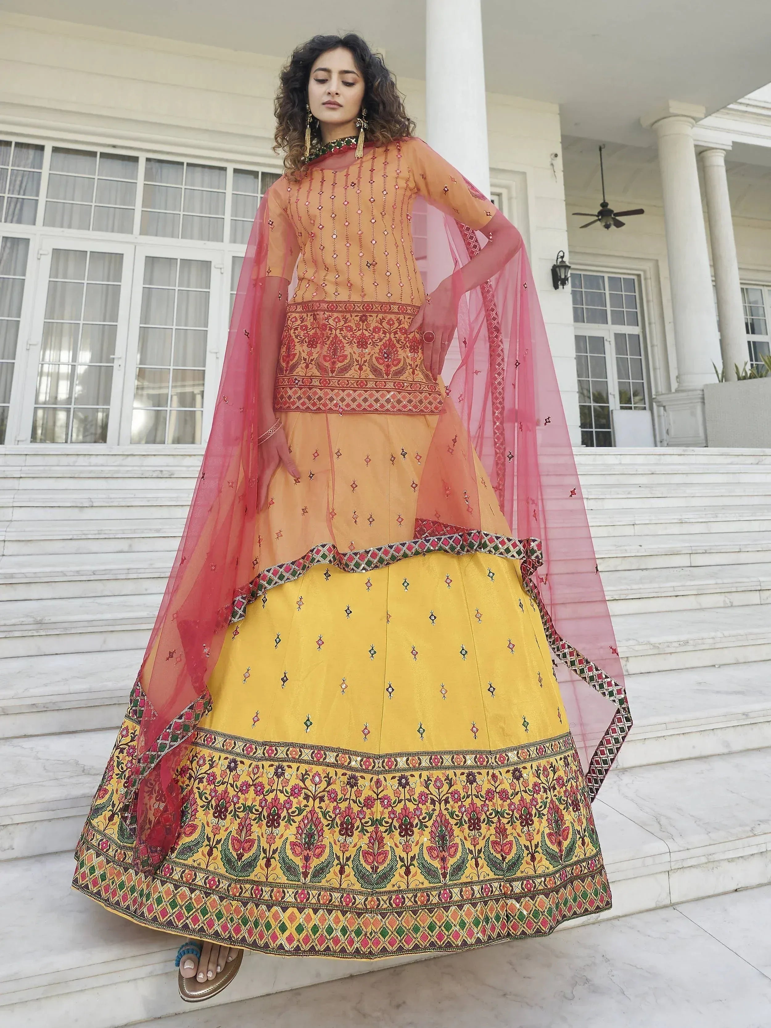 Yellow and peach embroidered lehenga choli with pink dupatta, Indian ethnic wear for women
