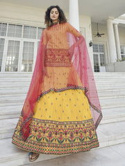 Brilliant Yellow Gota Patti Floral Chinon Long Top With Lehenga