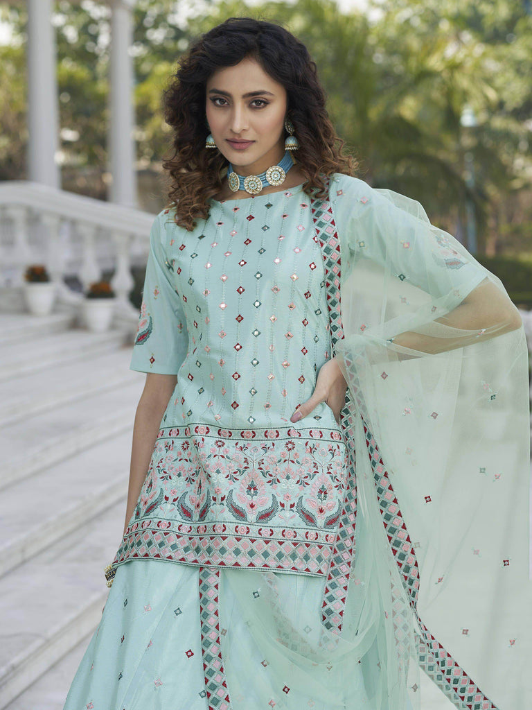 Stunning Sky Blue Chinon Rajasthani Lehenga With Long Top