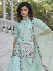 Stunning Sky Blue Chinon Rajasthani Lehenga With Long Top