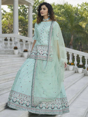Stunning Sky Blue Chinon Rajasthani Lehenga With Long Top