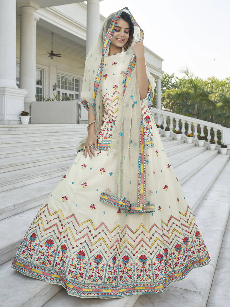 Dazzling Beige Gotta Patti Chinnon Rajasthani Lehenga With Long Choli