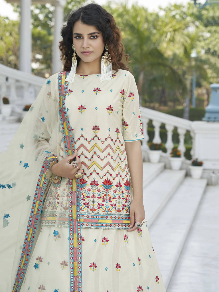 Dazzling Beige Gotta Patti Chinnon Rajasthani Lehenga With Long Choli