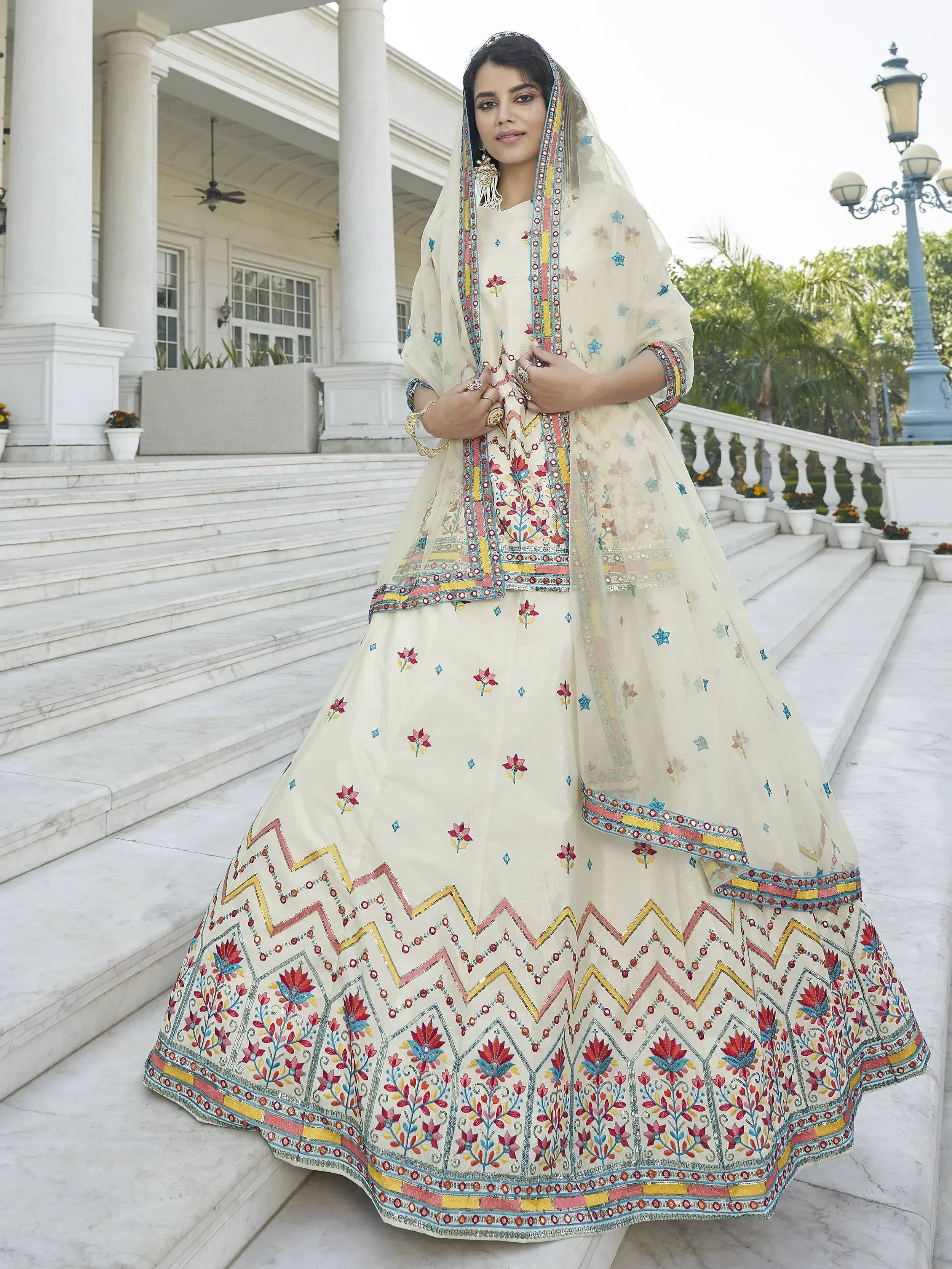 Dazzling Beige Gotta Patti Chinnon Rajasthani Lehenga With Long Choli