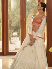 Stunning Beige Mukaish Work Georgette Party Wear Lehenga Choli