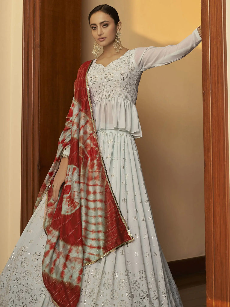 Pleasant Sky Blue Mukaish Work Georgette Party Wear Lehenga Choli