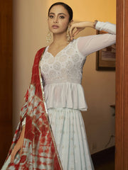 Pleasant Sky Blue Mukaish Work Georgette Party Wear Lehenga Choli