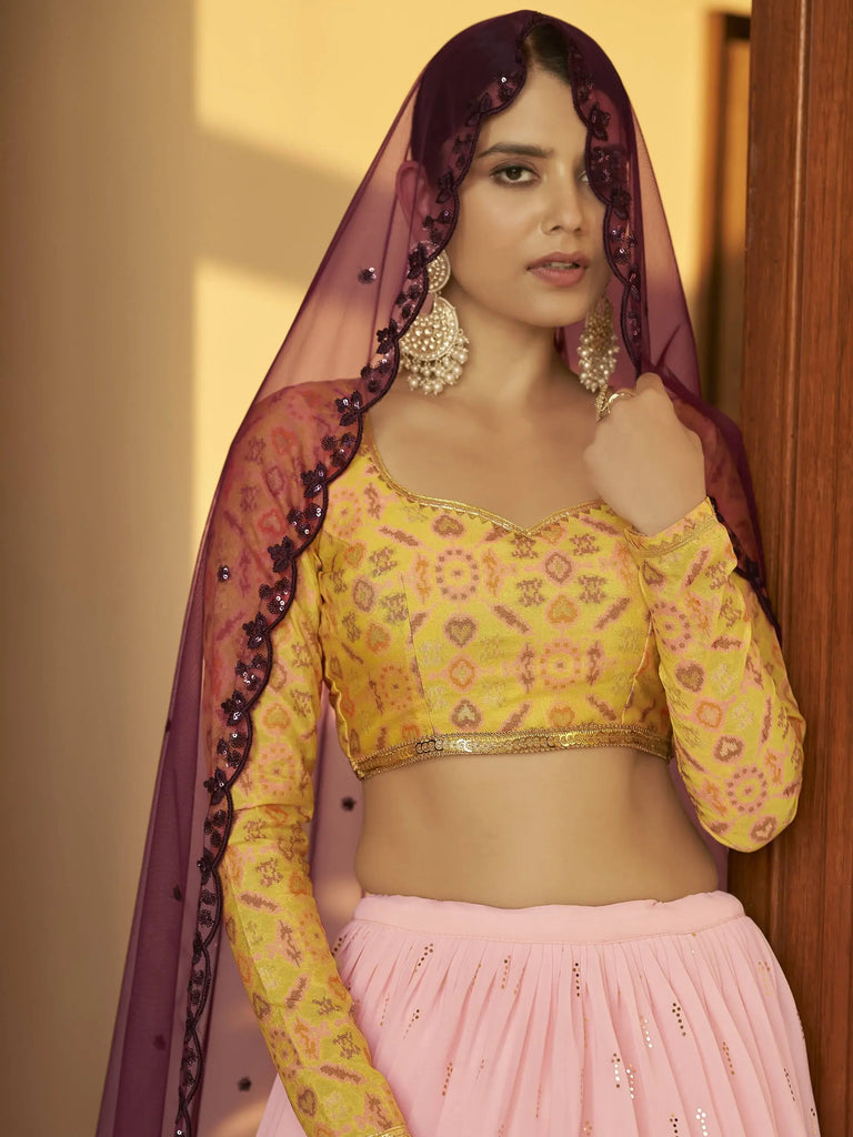 Gorgeous Pink Mukaish Work Georgette Party Wear Lehenga Choli
