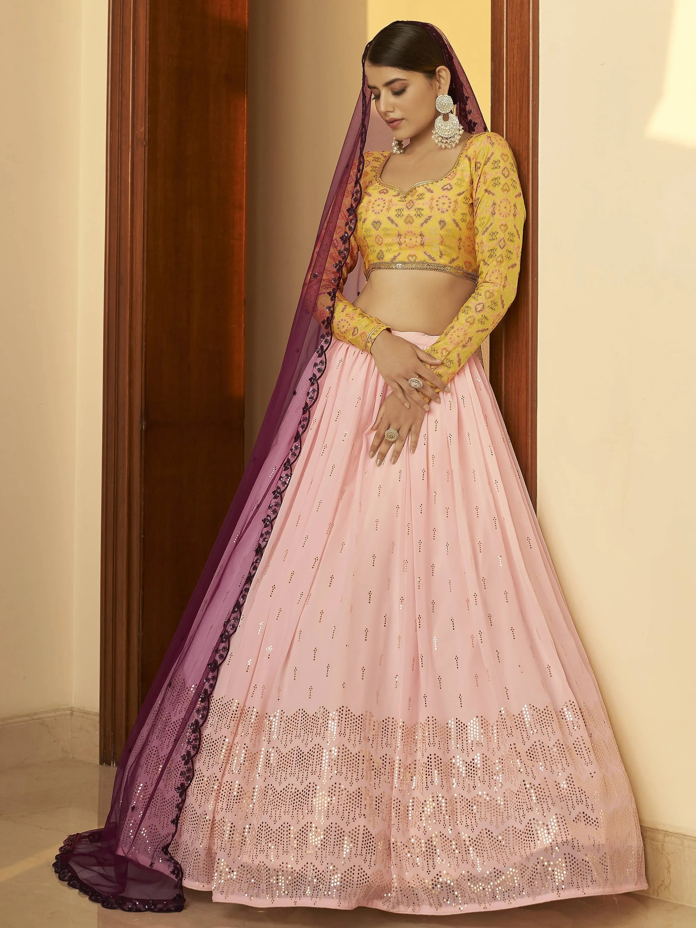 Gorgeous Pink Mukaish Work Georgette Party Wear Lehenga Choli