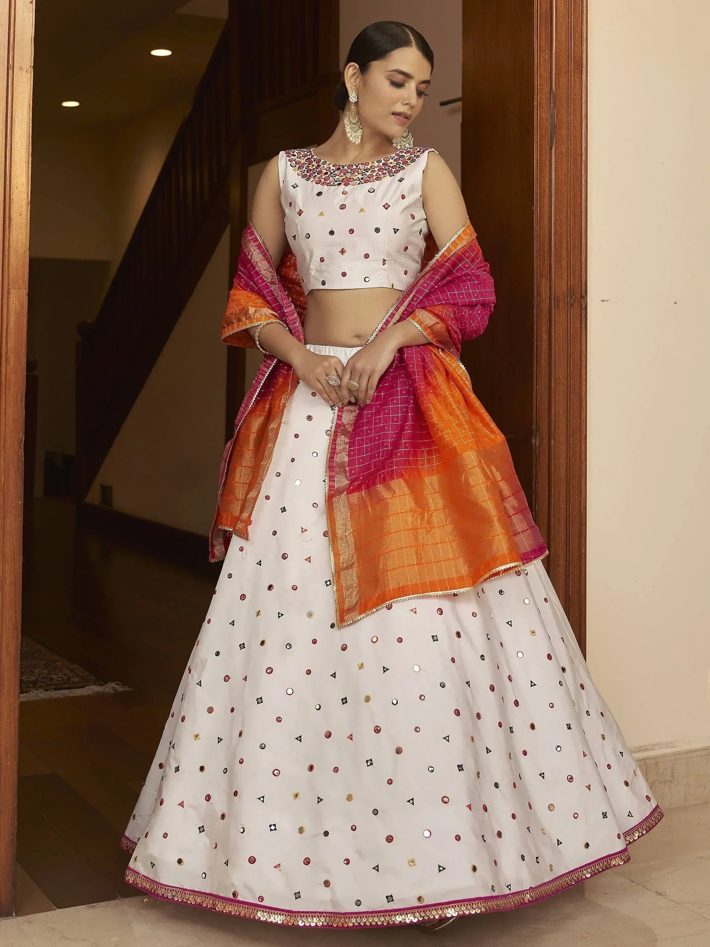 White embroidered lehenga choli with pink orange dupatta, Indian ethnic wear for women