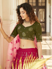 Good-Looking Deep Pink Georgette Thread Embroidered Festive Lehenga