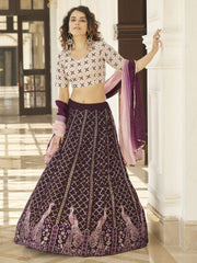 Dazzling Purple Georgette Thread Embroidered Lehenga With Dupatta