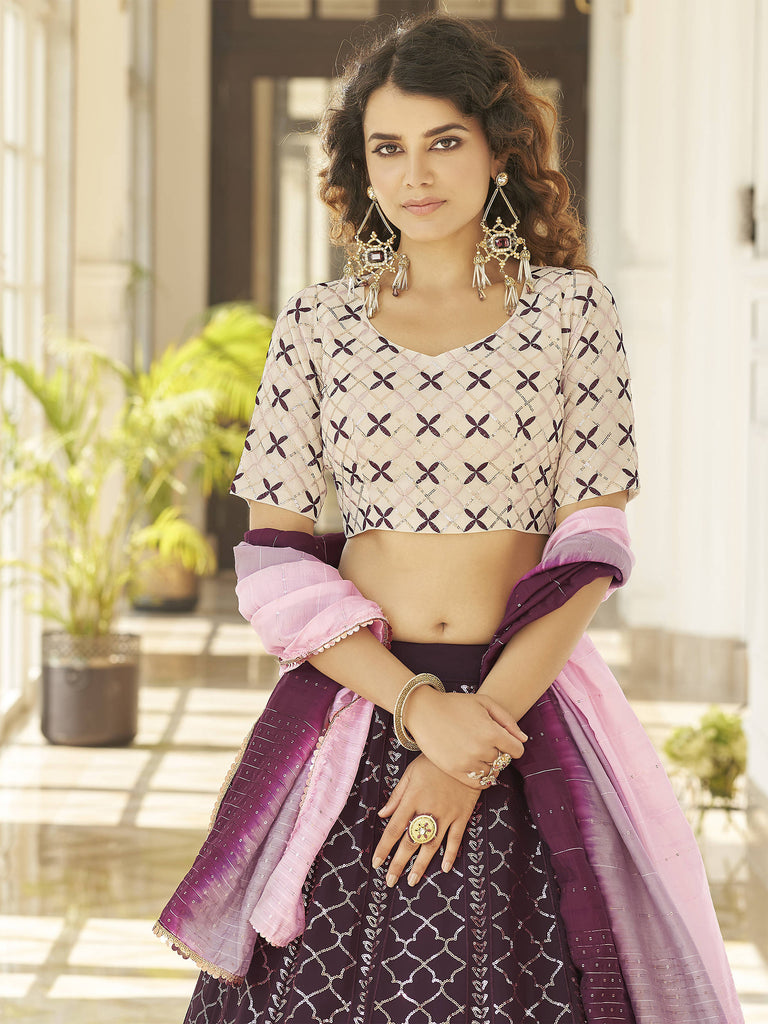 Dazzling Purple Georgette Thread Embroidered Lehenga With Dupatta