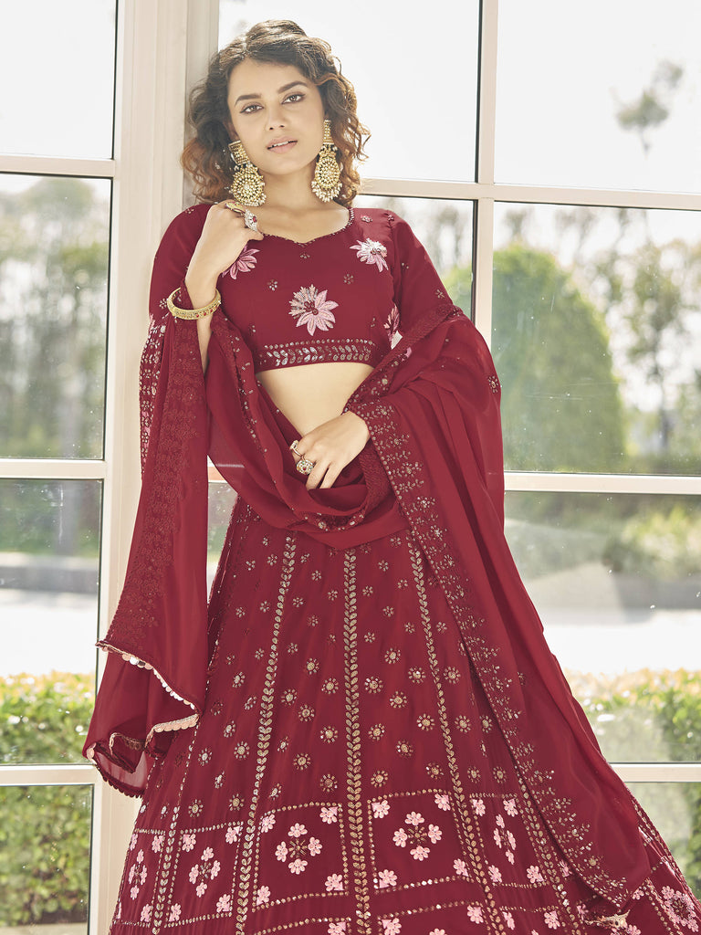 Attractive Red Multi-Thread Sequins Georgette Designer Lehenga Choli