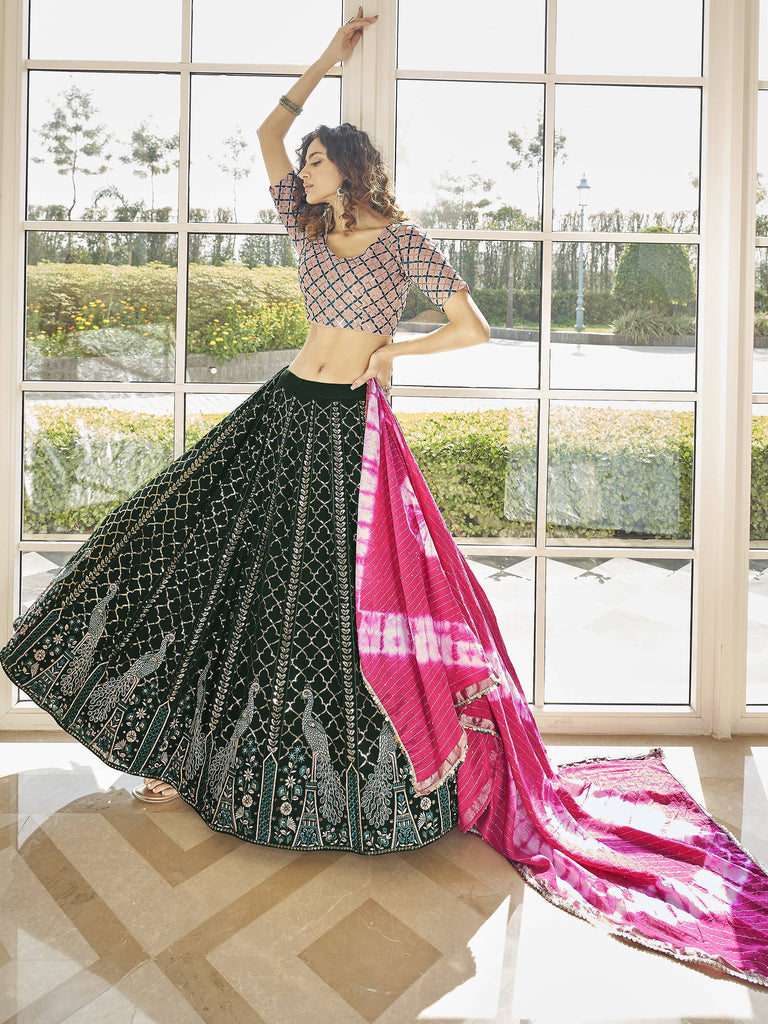 Fabulous Green Thread Embroidered Georgette Festive Lehenga Choli