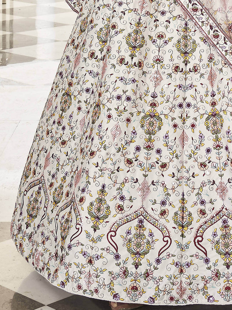 Fascinating White Embroidered Silk Party Wear Lehenga Choli