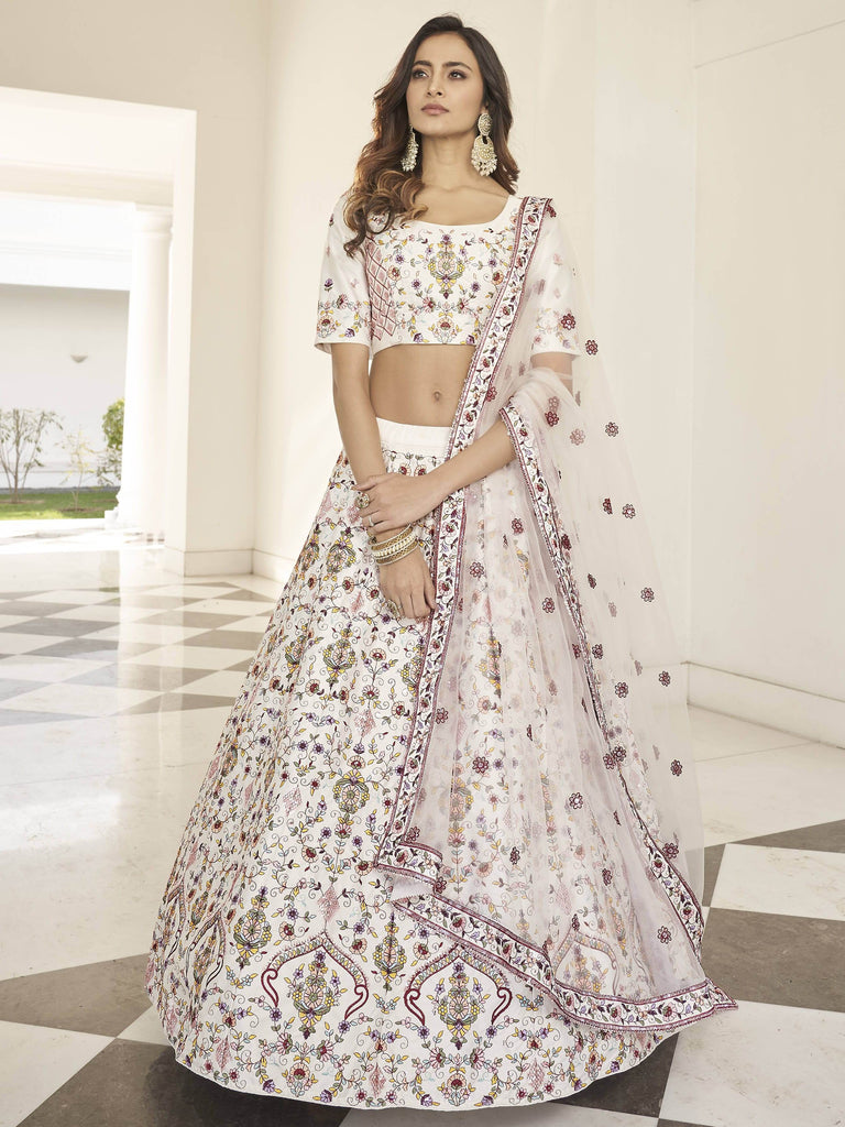 Fascinating White Embroidered Silk Party Wear Lehenga Choli