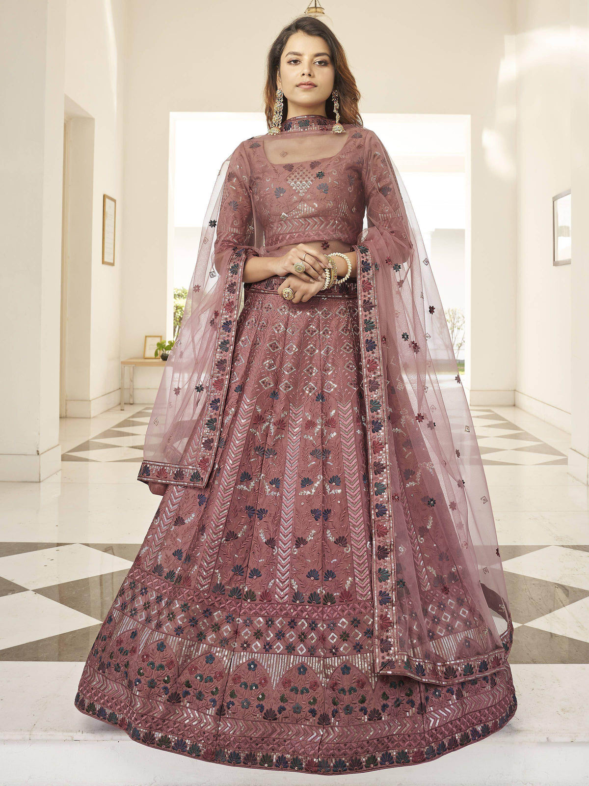 Invaluable Pink Sequins Embroidered Silk Party Wear Lehenga Choli