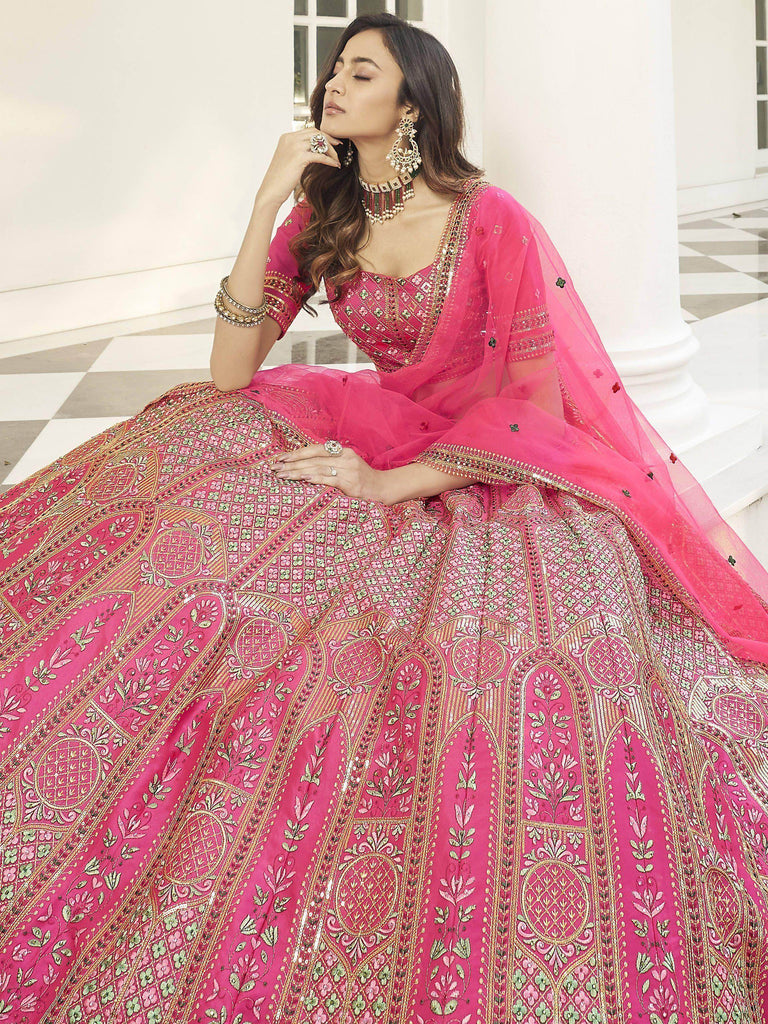 Tremendous Pink Thread Embroidered Silk Bridal Lehenga Choli